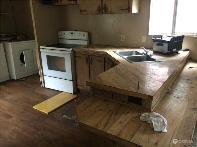 kitchen with white electric range, washer / dryer, range hood, dark hardwood / wood-style floors, and sink