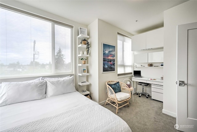 carpeted bedroom with built in desk and multiple windows