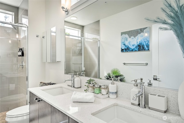 bathroom featuring vanity, a shower with shower door, toilet, and a wealth of natural light