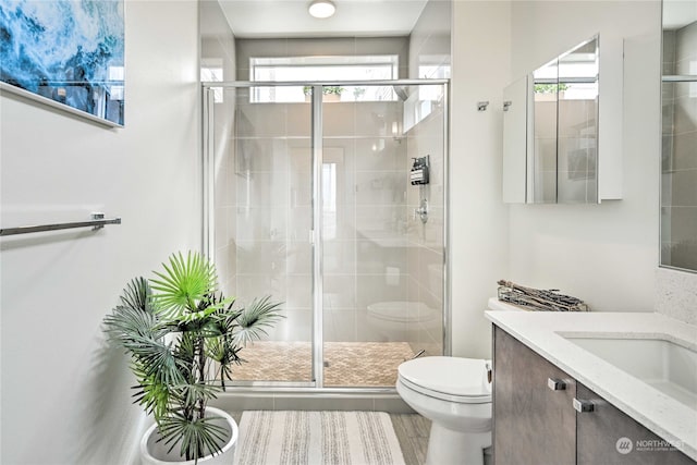 bathroom featuring vanity, toilet, and a shower with door