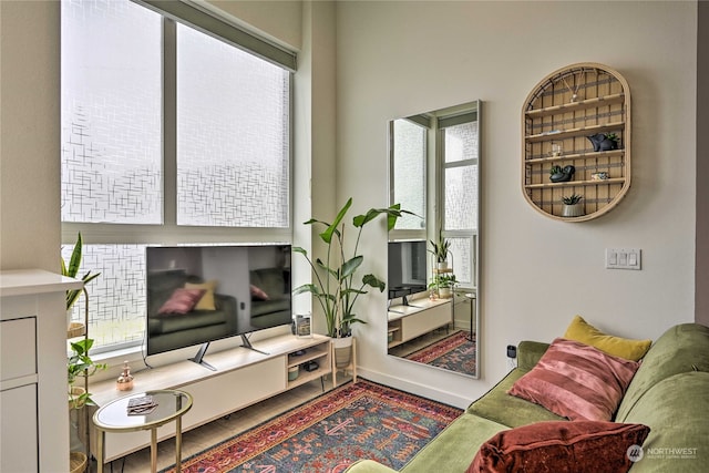 living room with plenty of natural light and hardwood / wood-style floors