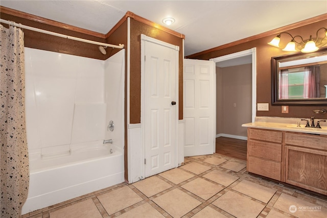 full bath with ornamental molding, shower / tub combo, and vanity