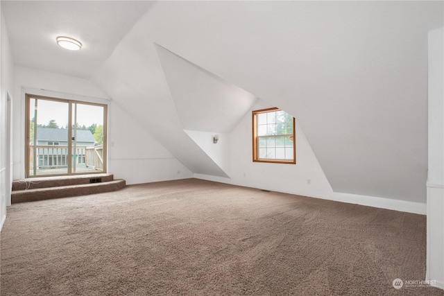 additional living space featuring visible vents, carpet flooring, vaulted ceiling, and plenty of natural light