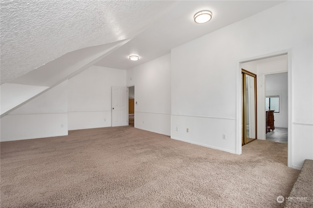 additional living space with a textured ceiling, vaulted ceiling, and carpet floors