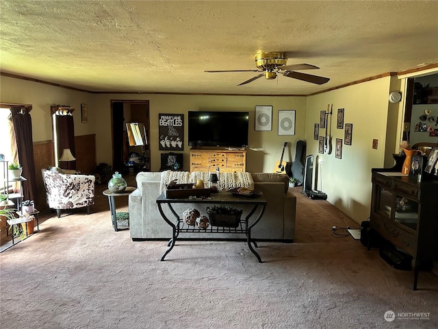 464A Peters Rd, Randle, WA 98377 - living area with ornamental molding, a ceiling fan, carpet flooring, and a textured ceiling