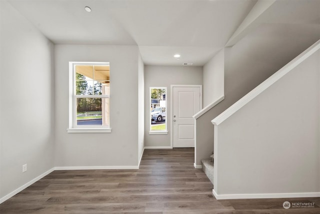 entryway with dark wood-type flooring