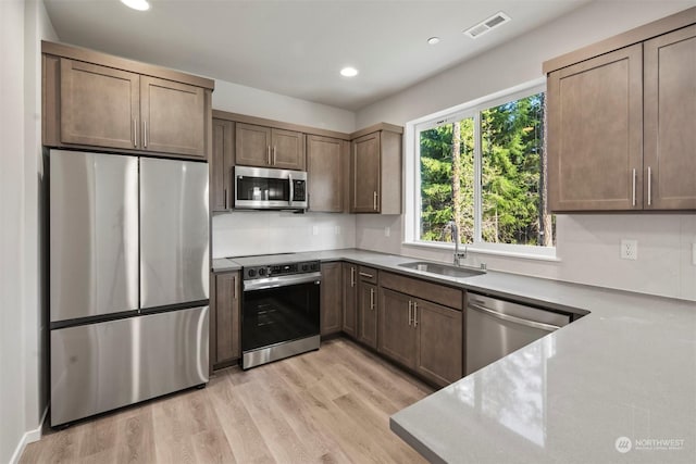 kitchen with stainless steel appliances, light hardwood / wood-style floors, sink, and decorative backsplash