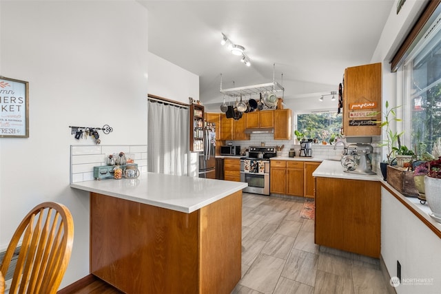 kitchen featuring appliances with stainless steel finishes, a healthy amount of sunlight, kitchen peninsula, and backsplash