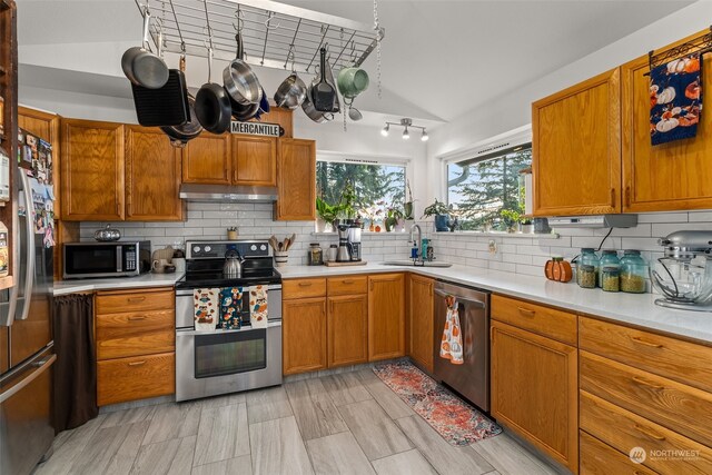 kitchen featuring stainless steel appliances, backsplash, sink, and lofted ceiling