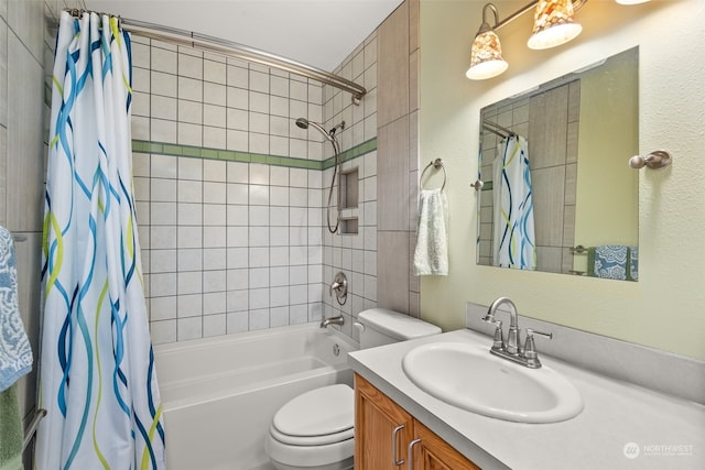 full bathroom featuring vanity, toilet, and shower / bathtub combination with curtain