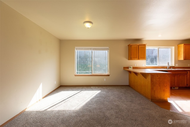 kitchen featuring kitchen peninsula, a breakfast bar area, sink, and light carpet