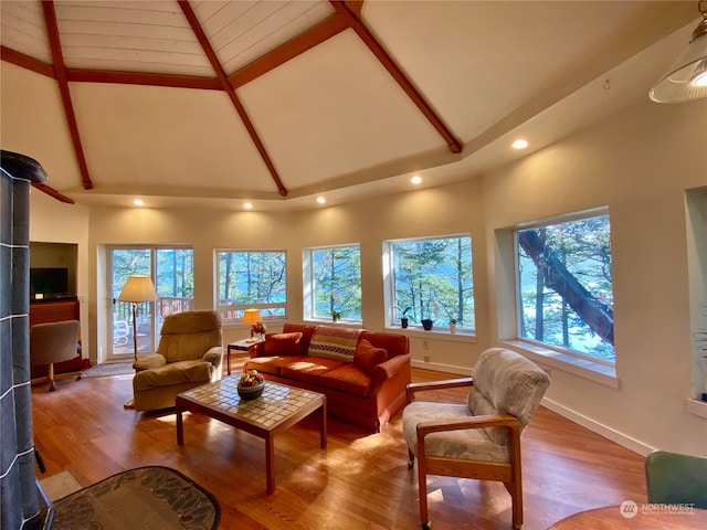 living room with beam ceiling, high vaulted ceiling, light hardwood / wood-style flooring, and a wood stove