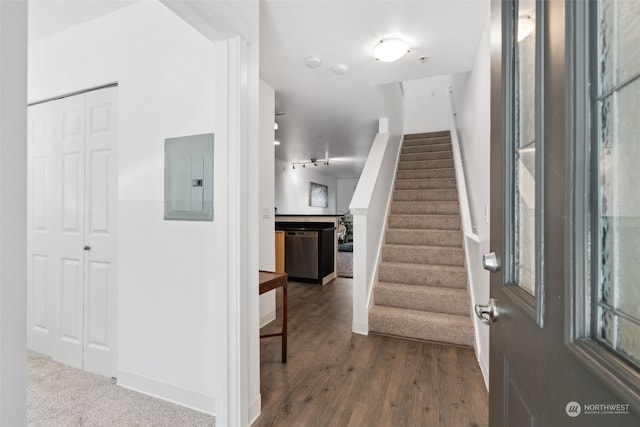 foyer entrance featuring electric panel and dark hardwood / wood-style floors