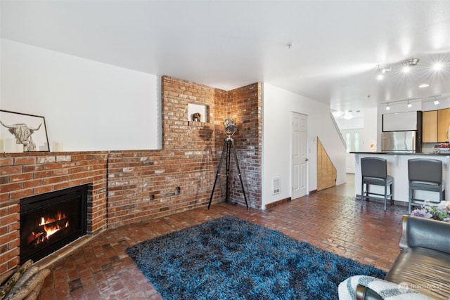 living room with a fireplace