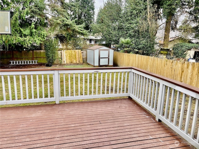 wooden terrace featuring a lawn and a storage unit