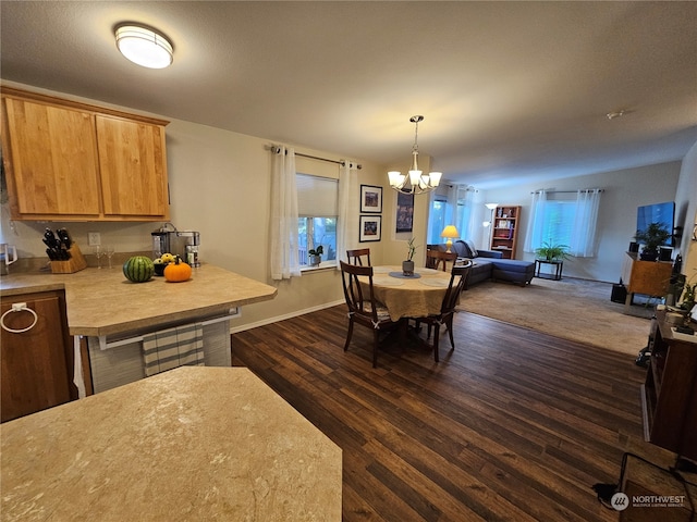 dining space featuring dark hardwood / wood-style floors, a chandelier, and a wealth of natural light