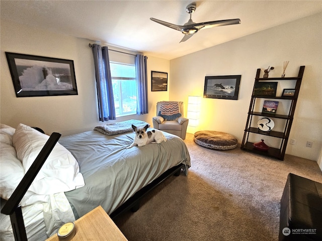 bedroom with ceiling fan and carpet floors