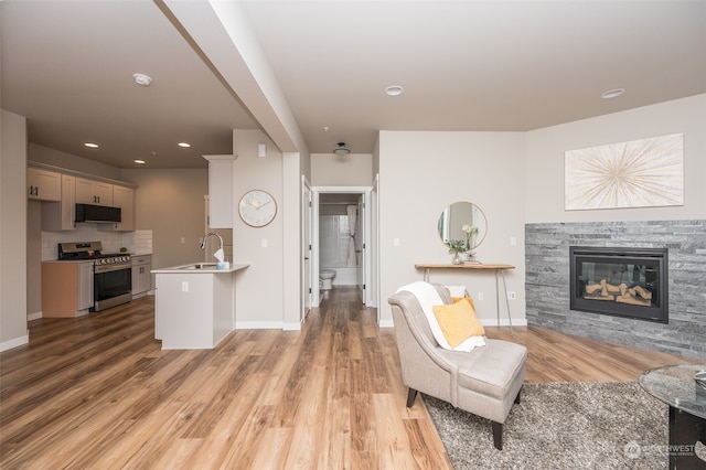 living room with a fireplace, light wood-type flooring, and sink