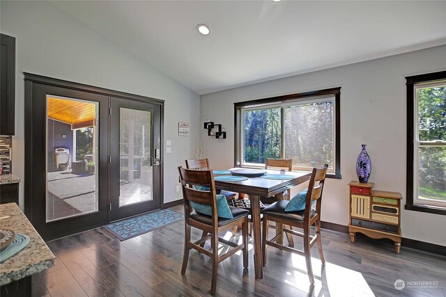 dining space featuring vaulted ceiling, dark hardwood / wood-style flooring, and french doors