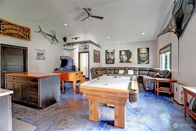 recreation room with vaulted ceiling, ceiling fan, and pool table