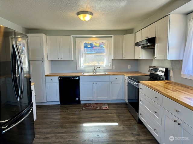 kitchen featuring black dishwasher, white cabinets, butcher block counters, fridge, and stainless steel electric stove