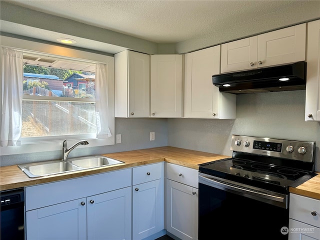 kitchen featuring white cabinets, sink, wooden counters, dishwasher, and electric stove