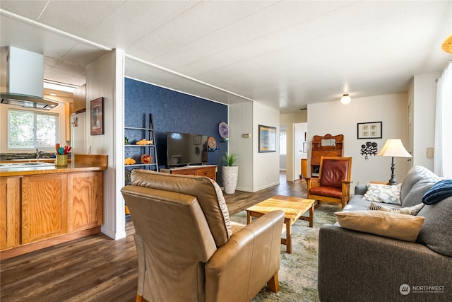 living room with dark wood-type flooring