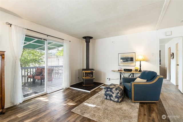 living area featuring a wood stove and dark hardwood / wood-style flooring