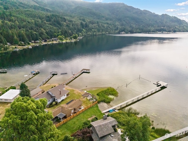 aerial view featuring a water and mountain view