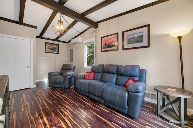 living room with lofted ceiling with beams, dark hardwood / wood-style flooring, and a wall unit AC