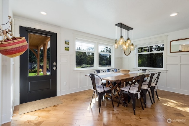 1145 School Ave, Walla Walla, WA 99362 - dining space featuring a decorative wall, a chandelier, light wood-type flooring, and recessed lighting