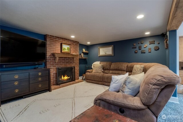 1145 School Ave, Walla Walla, WA 99362 - carpeted living area with a brick fireplace and recessed lighting