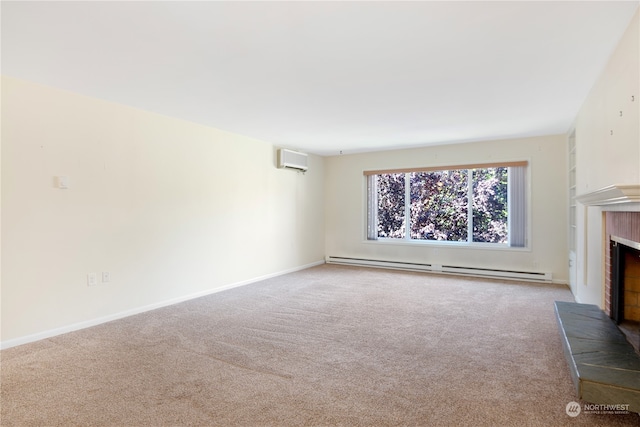 unfurnished living room featuring a baseboard radiator, a brick fireplace, a wall unit AC, and carpet flooring