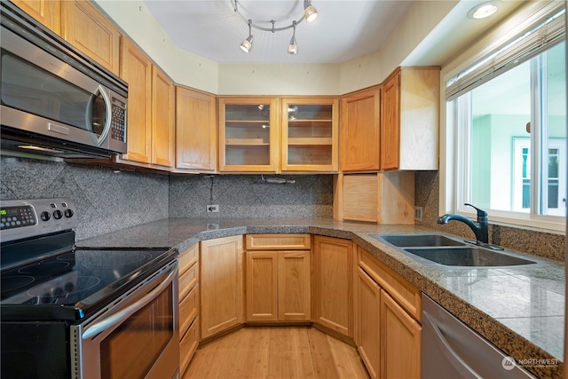 kitchen with light wood-type flooring, backsplash, sink, and stainless steel appliances