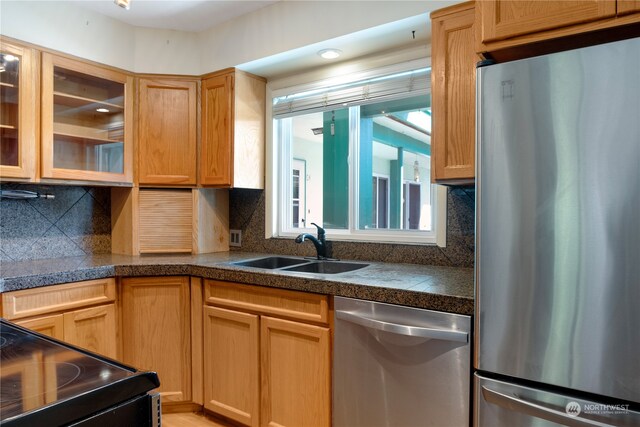 kitchen featuring stainless steel appliances, backsplash, and sink