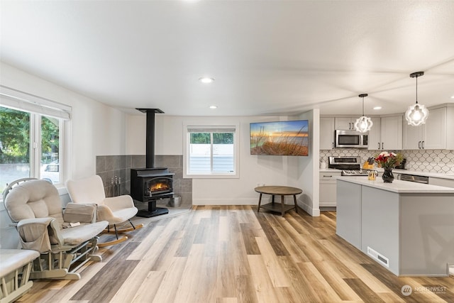 interior space featuring a wood stove and light hardwood / wood-style floors