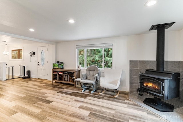 living area featuring light hardwood / wood-style floors and a wood stove