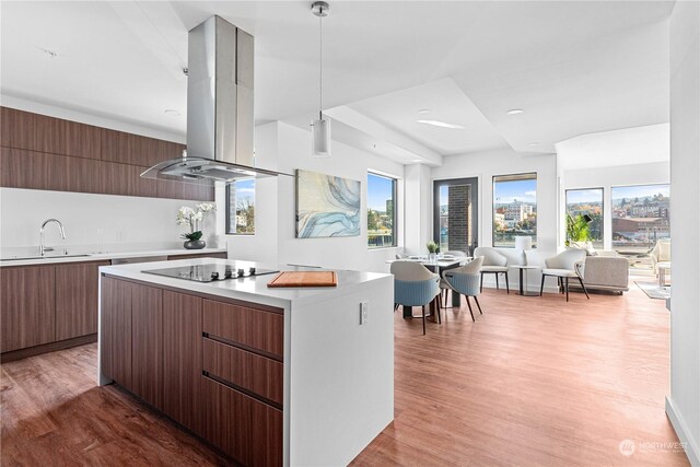 1025 Granary Ave Unit 408, Bellingham, WA 98225 - kitchen featuring modern cabinets, island exhaust hood, a sink, light countertops, and open floor plan