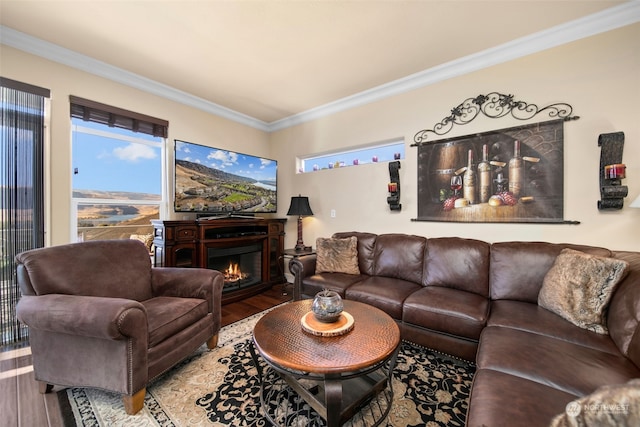 9225 Red Cliff Dr NW Unit B53, Quincy, WA 98848 - living area with crown molding, wood finished floors, and a warm lit fireplace