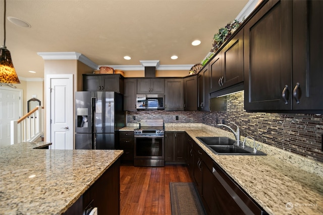 9225 Red Cliff Dr NW Unit B53, Quincy, WA 98848 - kitchen featuring dark brown cabinetry, a sink, ornamental molding, and stainless steel appliances