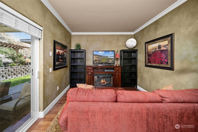 9225 Red Cliff Dr NW Unit B53, Quincy, WA 98848 - living area featuring wood finished floors, baseboards, ornamental molding, and a glass covered fireplace