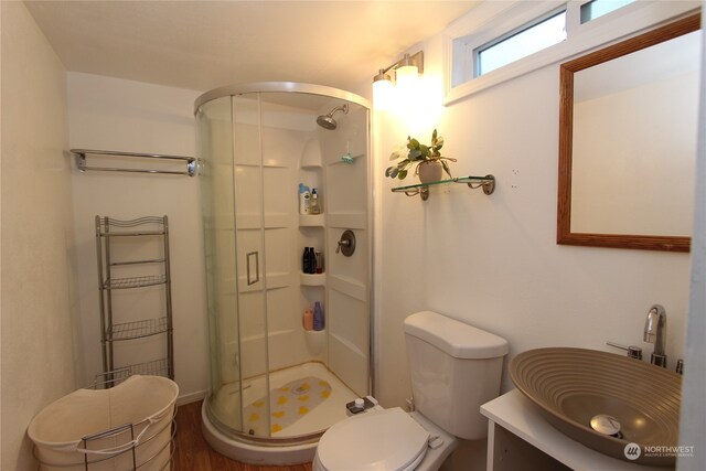 bathroom featuring walk in shower, wood-type flooring, vanity, and toilet