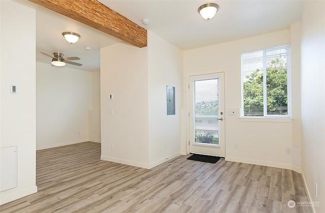 interior space with light hardwood / wood-style floors, electric panel, ceiling fan, and beamed ceiling