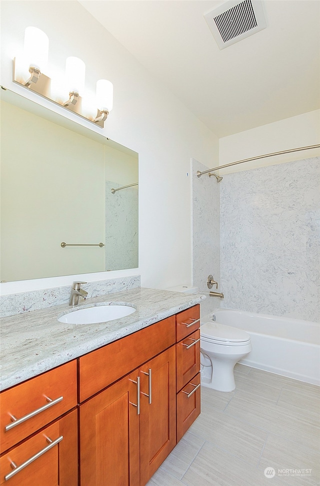 full bathroom with vanity, toilet, and shower / washtub combination