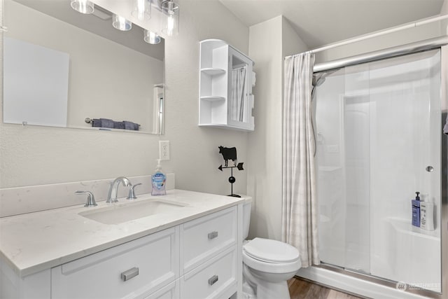 bathroom featuring vanity, a shower with shower curtain, hardwood / wood-style flooring, and toilet