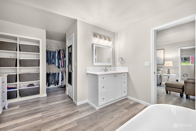 bathroom featuring vanity, wood-type flooring, and a washtub