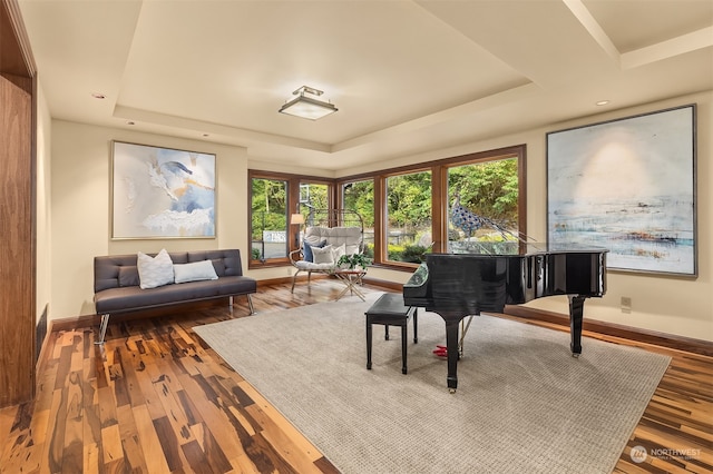 living area with a tray ceiling and hardwood / wood-style flooring