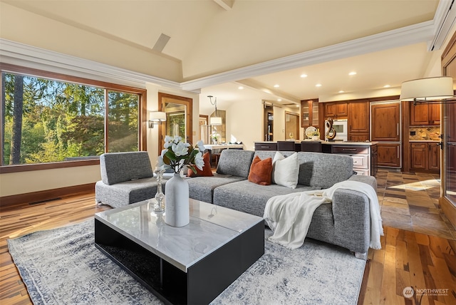 living room with light wood-type flooring and high vaulted ceiling