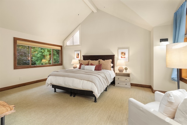 carpeted bedroom featuring high vaulted ceiling and beamed ceiling