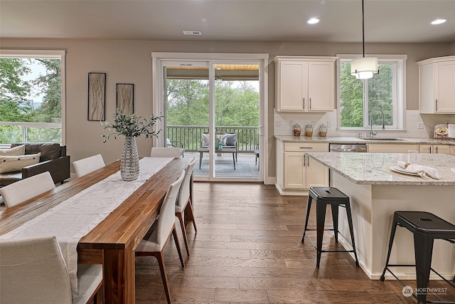 dining area featuring sink, a healthy amount of sunlight, and dark hardwood / wood-style flooring